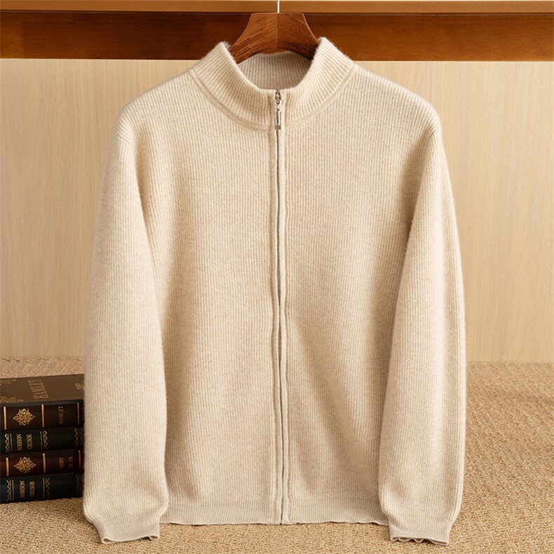 青春活力青春流行长袖半高拉链开衫男35%羊绒衫春秋冬季男装，男装羊绒开衫，艾米娇羊绒