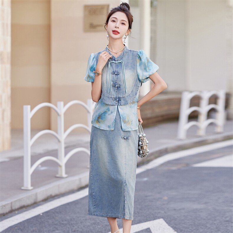新中式国风套装裙女夏季小个子炸街减龄时尚牛仔拼接半身裙两件套,女装套装/套裙,慕依路
