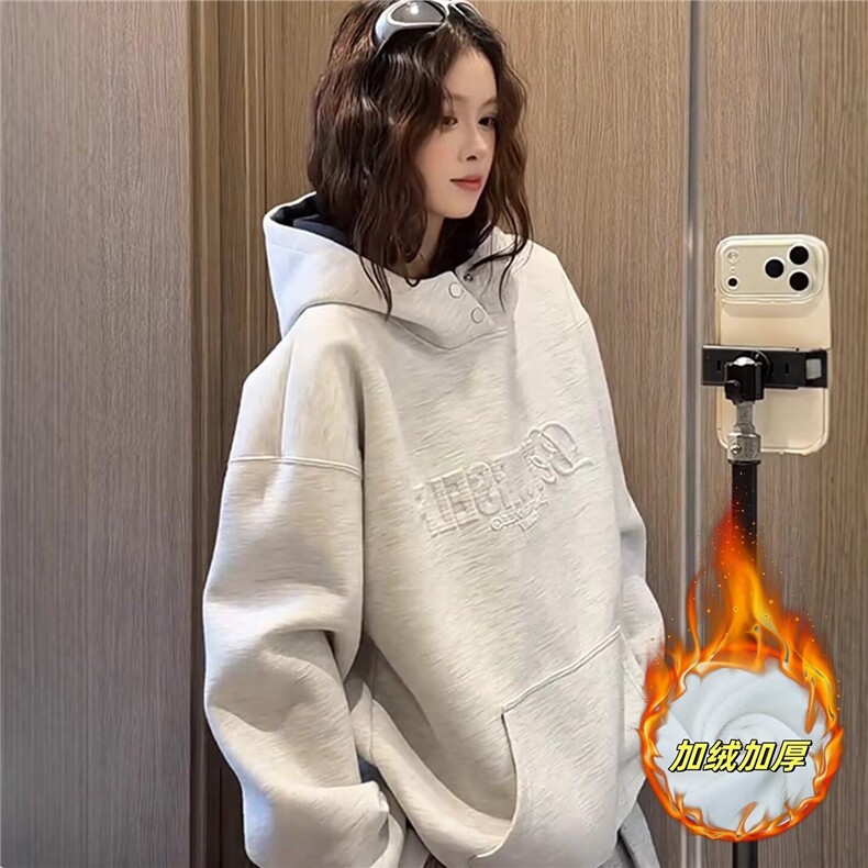 美式复古连帽加绒卫衣时尚设计感小众港风秋冬外套WX71加绒-P52图片