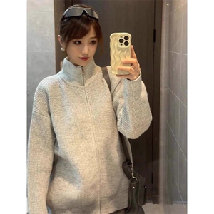 重磅秋冬北极绒双拉链毛衣开衫美式复古休闲慵懒风宽松针织衫外套图片