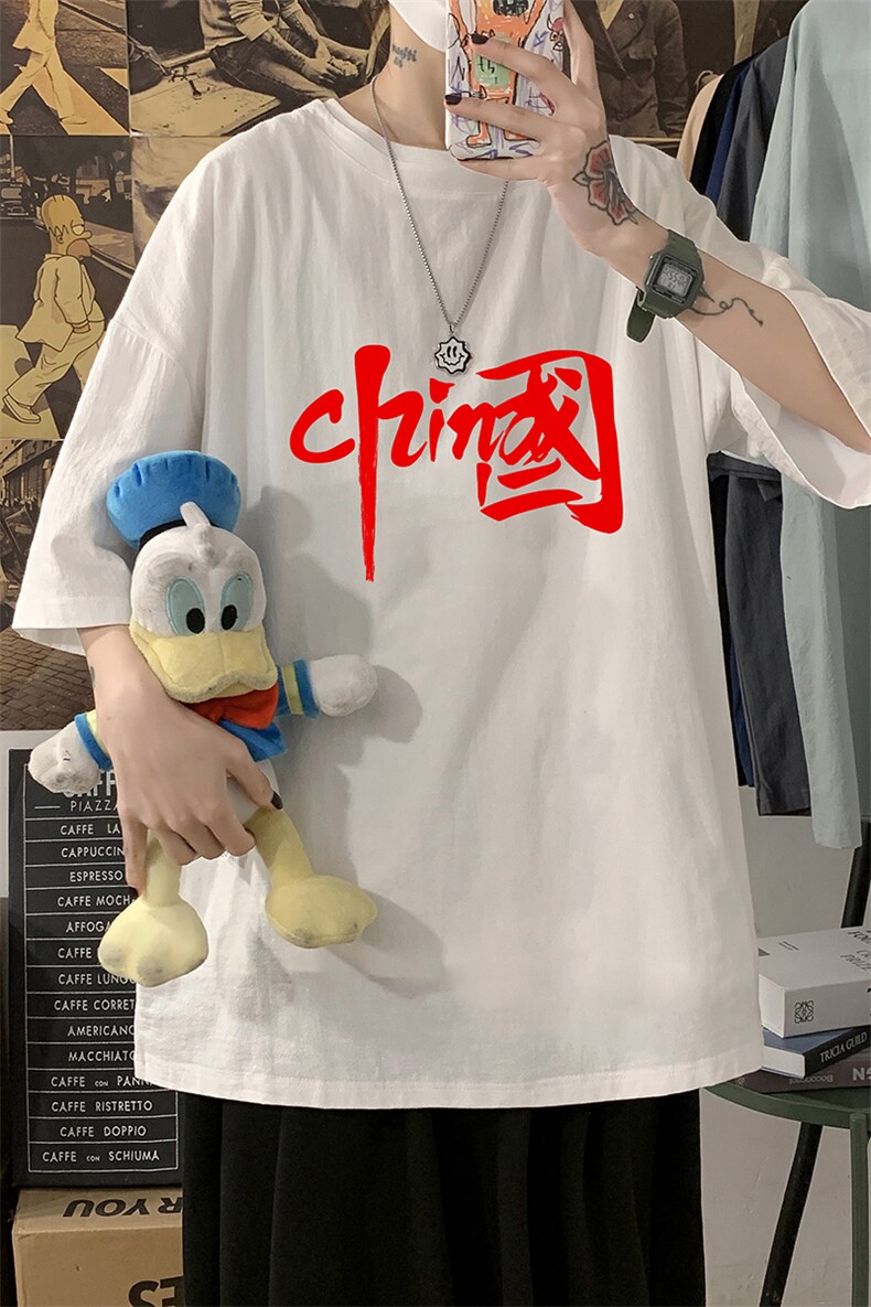 YT26199-P30亚麻短袖t恤男大码五分袖男宽松七分袖海报风,男装T恤,电商A040