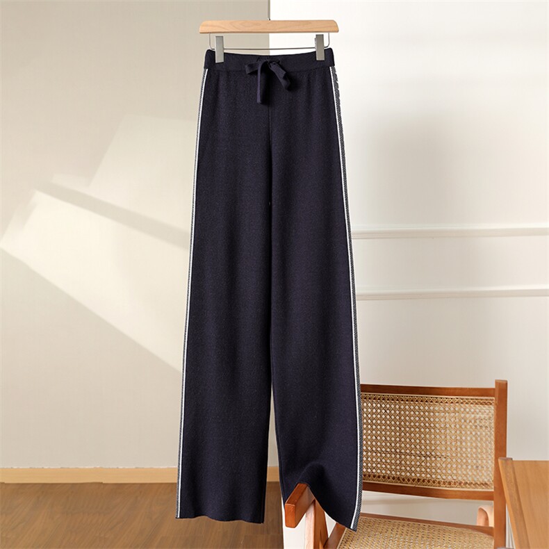 提花针织阔腿裤女高腰垂感秋冬外穿宽松羊毛休闲直筒拖地长裤，女装休闲裤，松航羊绒