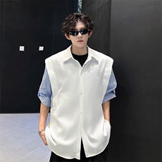 春夏新款假两件宽松拼接飞肩设计感假两件条纹短袖衬衫卫衣特P39，男装卫衣，电商B319