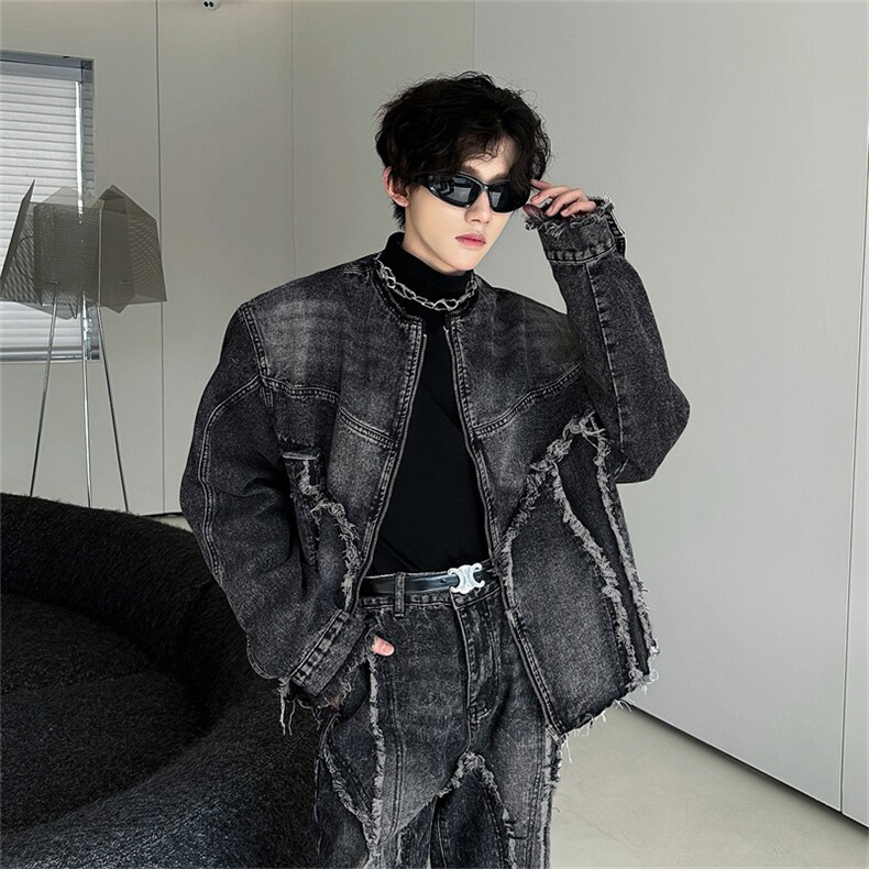 春秋小众水洗解构重工做旧毛边牛仔夹克男美式设计感痞帅宽松外套图片