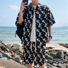 特批P50无差价夏季冰丝凉爽垂感蝴蝶印花痞帅潮流五分套装男TZ330，男装休闲套装，电商A001