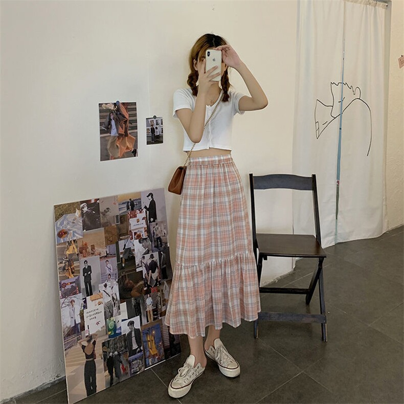 213#官图2021夏季新款韩版格子半身裙松紧腰复古中长款a字裙,女装半身裙,潮品会