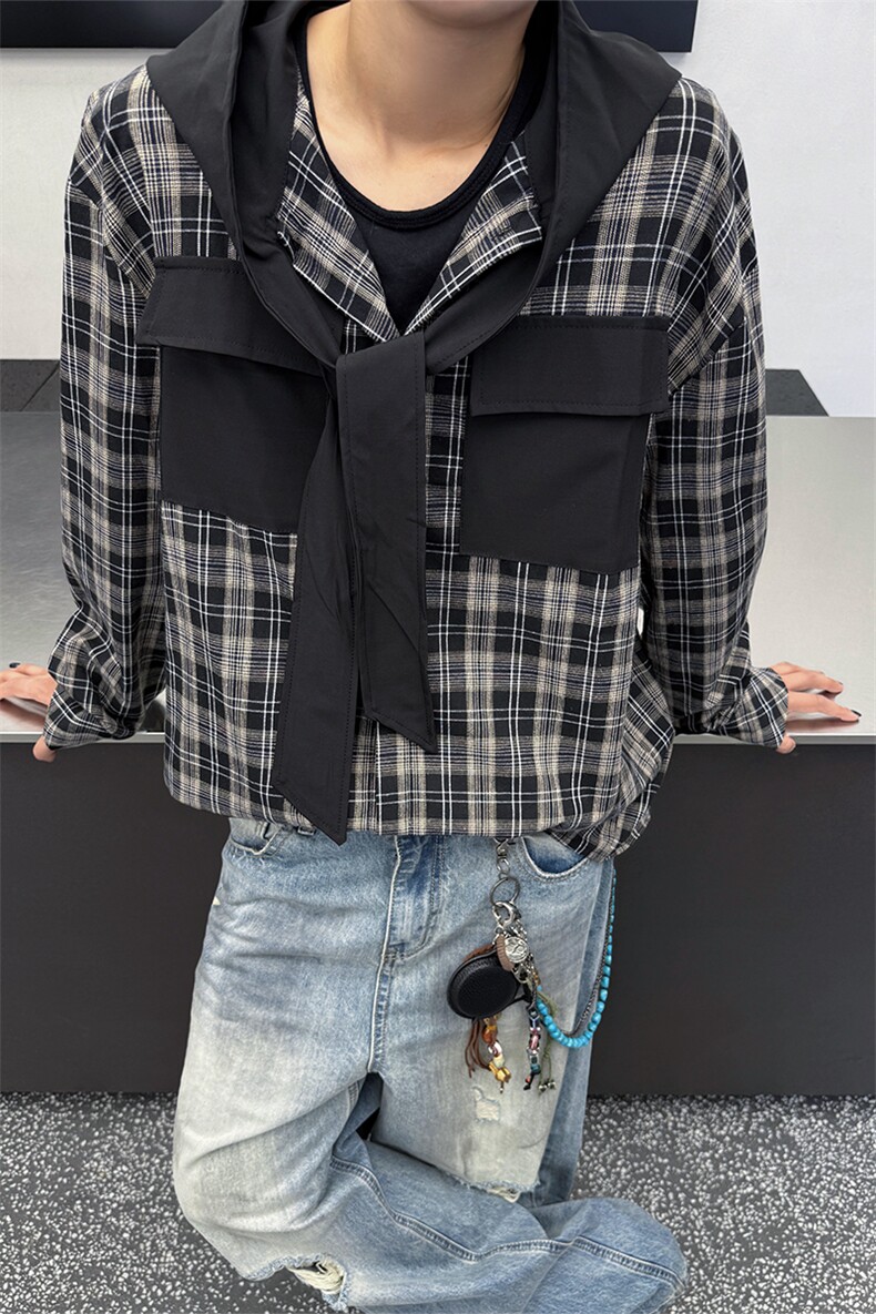 春夏新品原创小众设计感连帽系带长袖衬衫男士拼接格纹长袖衬衣潮,男装衬衫,电商B319