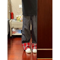 【有货】美式格子拼接卷边牛仔裤男女阔腿裤子高街NZ011HH-特P48，男装牛仔裤，星座1007（原301D）