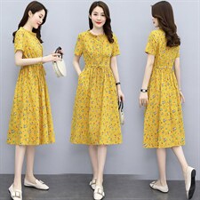 欣贝拉2022夏装新款短袖棉麻印花连衣裙冰凉棉料，女装连衣裙，欣贝拉