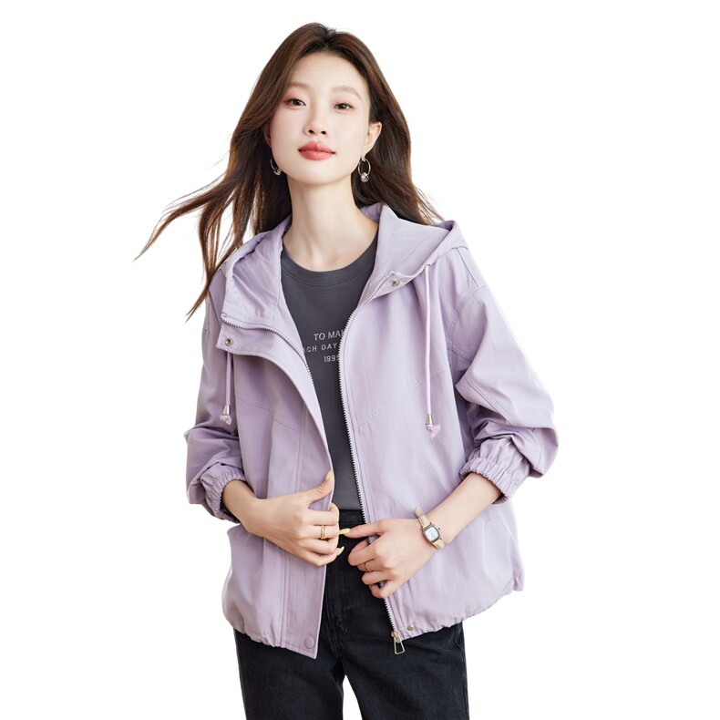 紫色短款连帽风衣外套女2025秋季新款小个子宽松百搭休闲夹克上衣,女装短外套,慕咨