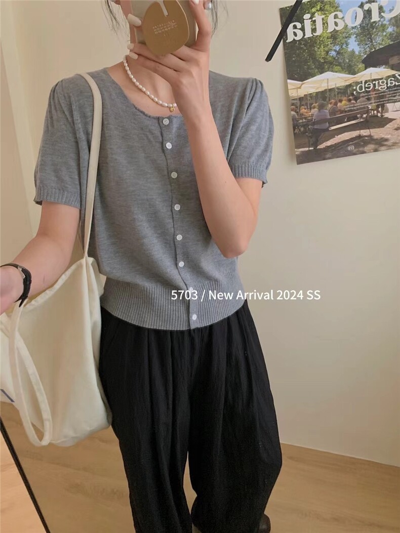 简约小清新针织圆领薄款短袖女夏季新款针织衫,针织衫/毛衣,圣旺供货