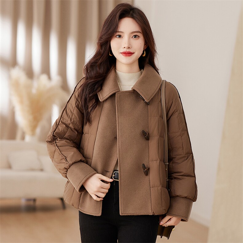 时尚毛呢拼接羽绒服女2023新款冬季宽松保暖白鸭绒短外套冬装,女装羽绒服,衣之秀