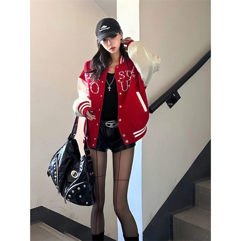【现货】DW1013-P95美式街头撞色珍珠宽松百搭棒球服夹克外套女潮图片
