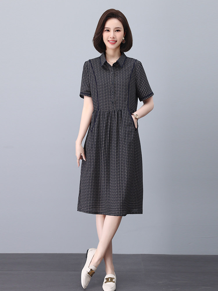 YR-63652023年夏季优雅气质A型仿真丝套头小翻领宽松腰花色真口袋,女装连衣裙,依倍林