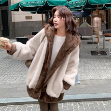 新品撞色连帽仿水貂皮毛一体外套2c309-1013-p195-k288，女装毛呢外套，2C309