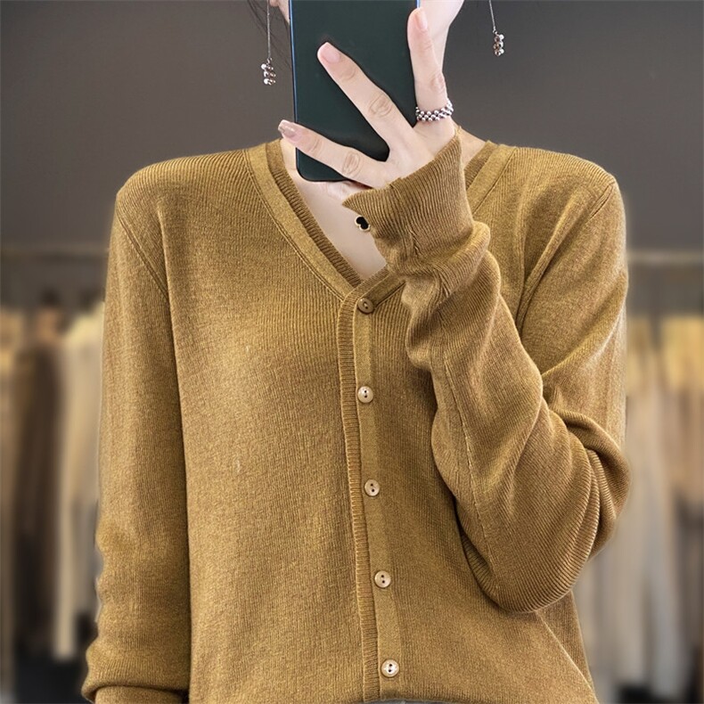 v领长袖针织羊毛开衫女休闲显瘦纯色外搭新款百搭上衣洋气外套,针织衫/毛衣,雪真羊绒