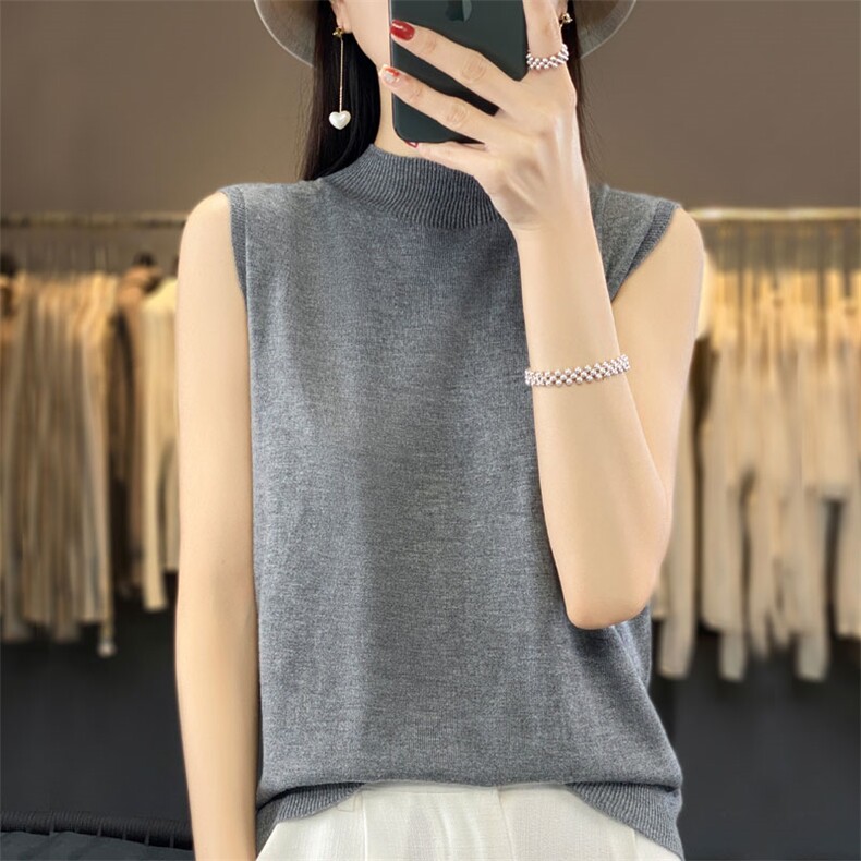 夏季新款100%超细精仿羊毛女一线半高领薄款背心宽松韩版打底针织,女装背心吊带,臻维羊绒
