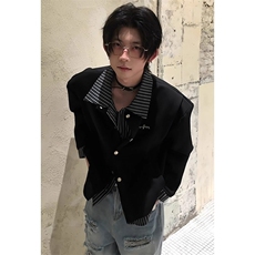 cleanfit假两件条纹拼接衬衫卫衣男款翻领高级Y731-P55，男装衬衫，星座1109-4
