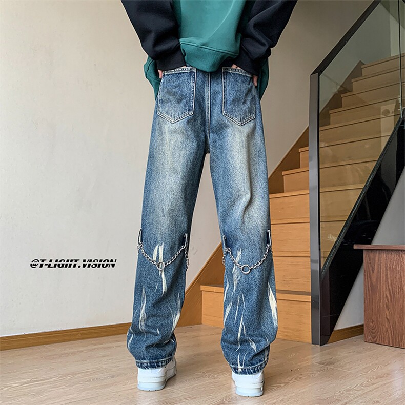B221美式ins高街小众个性链子扎染直筒牛仔裤LK22082-P65控88,男装牛仔裤,电商B221