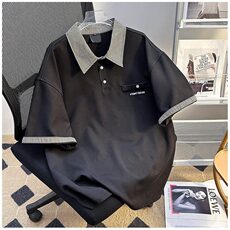 假两件格子拼接短袖t恤2025新款夏宽松大码胖mm美式polo衫上衣，男装Polo衫，星座601-1