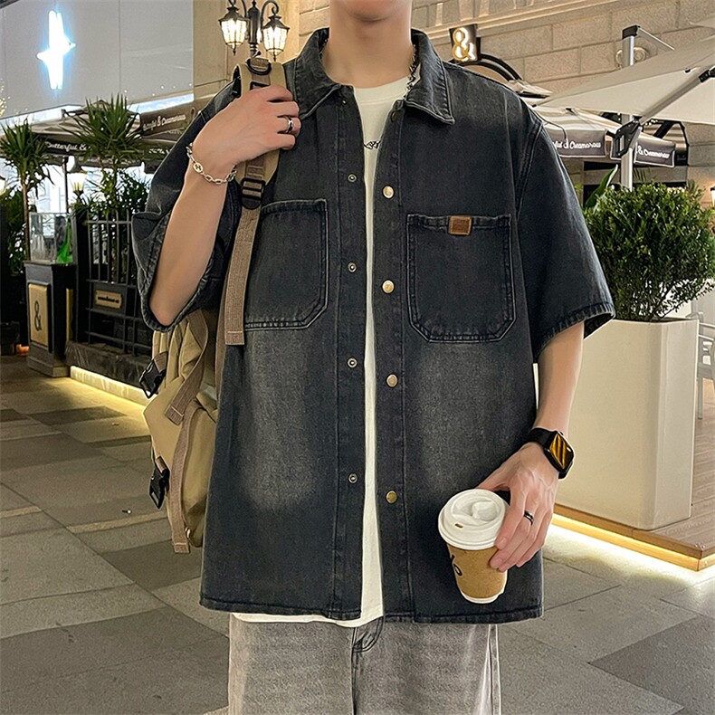 夏季水洗牛仔短袖衬衫男休闲同款宽松港风衬衣,男装衬衫,星座410-7