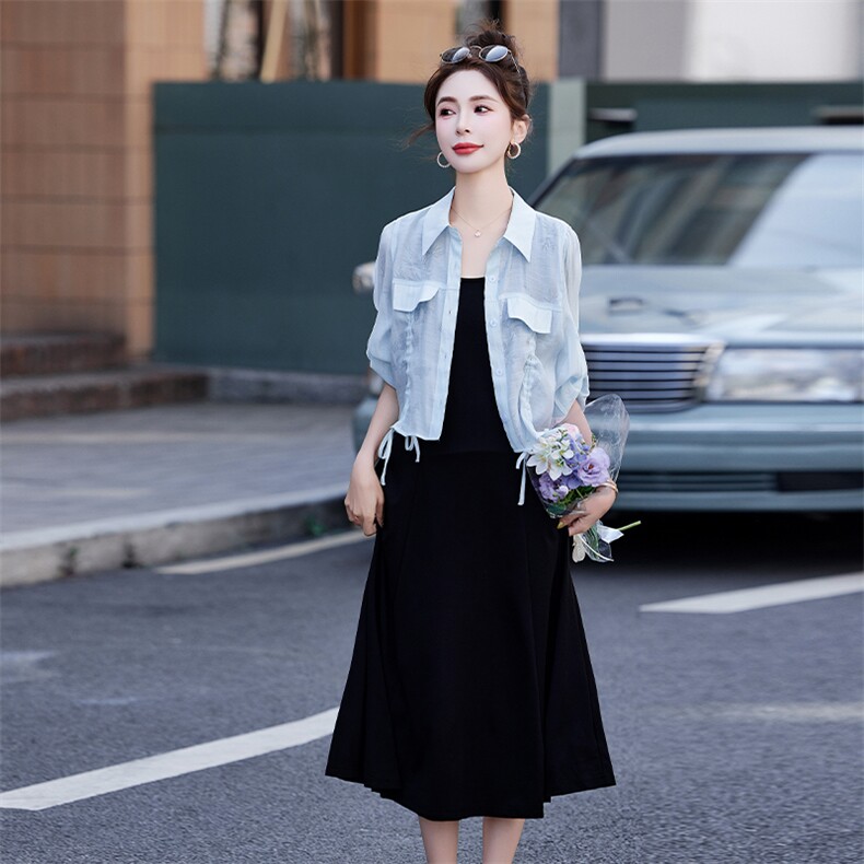 法式防晒衬衫穿搭整套装女夏季新款宽松显瘦吊带连衣裙时尚两件套，女装套装/套裙，红依一坊