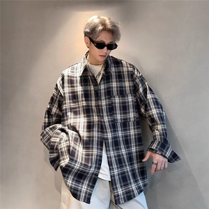 Y75复古格子衬衫男士痞美式少年感宽松外套休闲男生上衣服图片