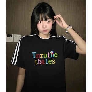 抖音得物高品质二开240克宽松纯棉美式潮牌三条杠织带短袖T恤图片