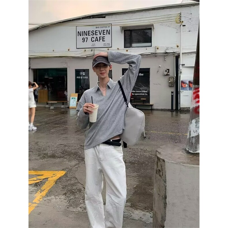 灰色V领针织衫男高级感复古polo衫潮牌宽松慵懒风长袖t恤,男装Polo衫,四季星座505
