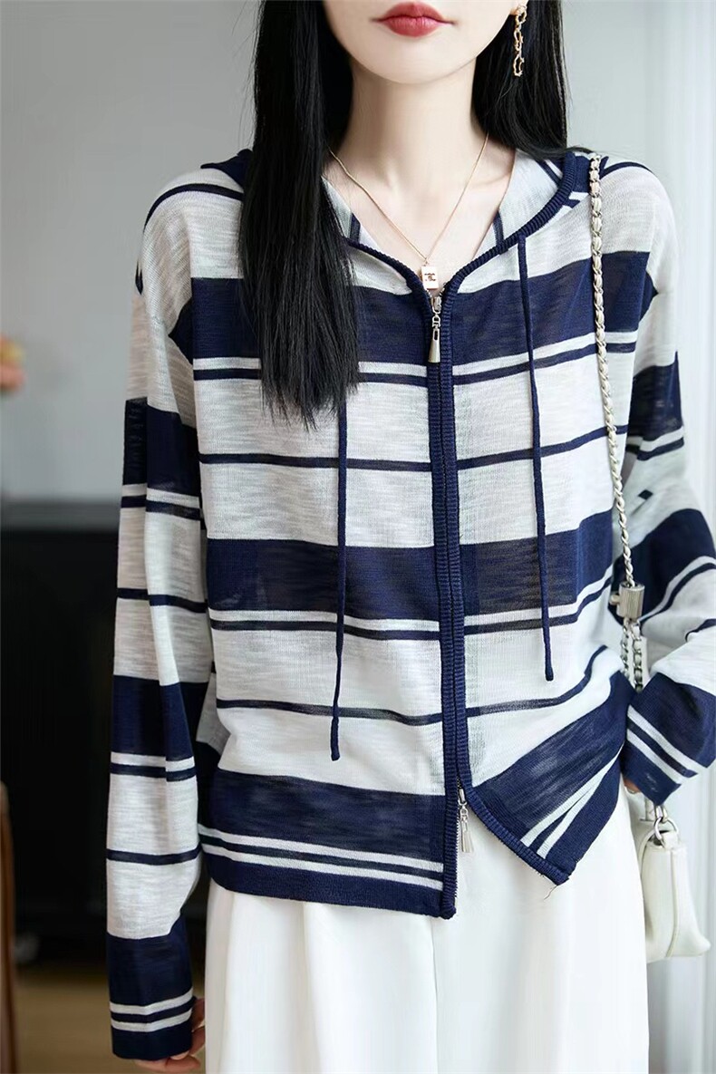防晒衫女针织透气方格帽衫,女装防晒衣,枫宸羊绒