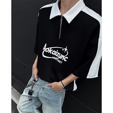 夏季宽松美式高街拼接POLO衫短袖T恤潮808B-WH056-P48，男装Polo衫，星座808B