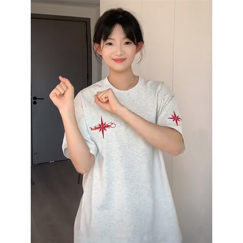 网图有货花体北极星贴布刺绣短袖t恤男女美式宽松上衣A1302-P28,男装T恤,星座1505