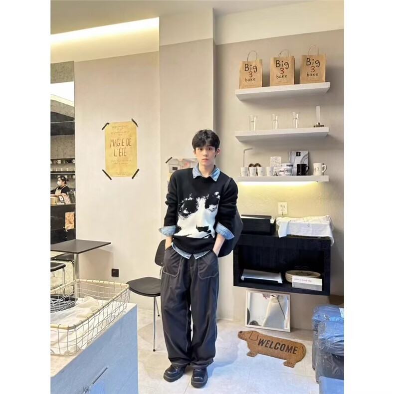 欧美小众高级感毛衣男宽松氛围感圆领套头7191-P45,男装针织衫/毛衣,星座1109-4