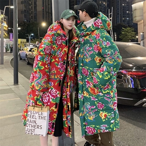 A5长款棉衣外套东北大花风汉服男女宽松保暖防寒连帽棉袄情侣图片