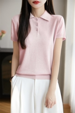 25夏季POLO领精纺羊毛针织短袖女纯色半开T恤上衣宽松半袖打底衫，女装T恤，暖烁特种纱工厂店