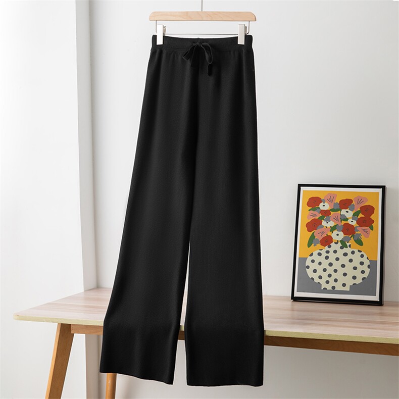 时尚百搭秋冬新款亲肤简约针织阔腿裤舒适显瘦高腰宽松休闲裤，女装休闲裤，欣美羊绒