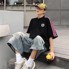 抖音得物品质二开240克宽松纯棉美式潮牌印花三条杠中性风短袖T恤，男装T恤，电商A486-1