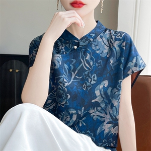 新中式国风上衣女短袖t斜襟短袖立领旗袍小衫缎面印花新中式衬衫图片