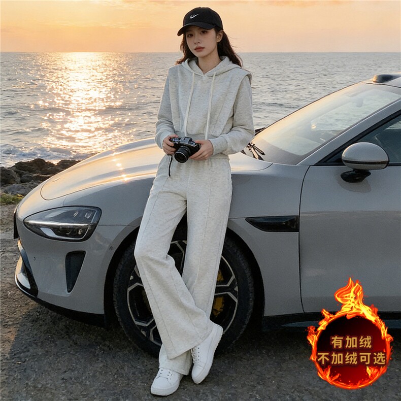 欧货时尚气质套装女秋冬新款收腰显瘦短款连帽卫衣阔腿长裤两件套,女装套装/套裙,2C310