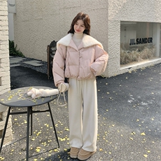 新款现！羊羔毛翻领手套粉色羽绒服外套2C133-6011-P285-K408，女装羽绒服，2C133
