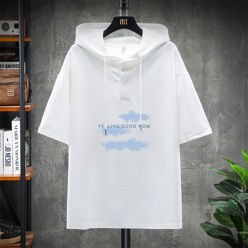 LD54143-P45 连帽短袖t恤男大码胖子带帽五分袖中袖 展架图片