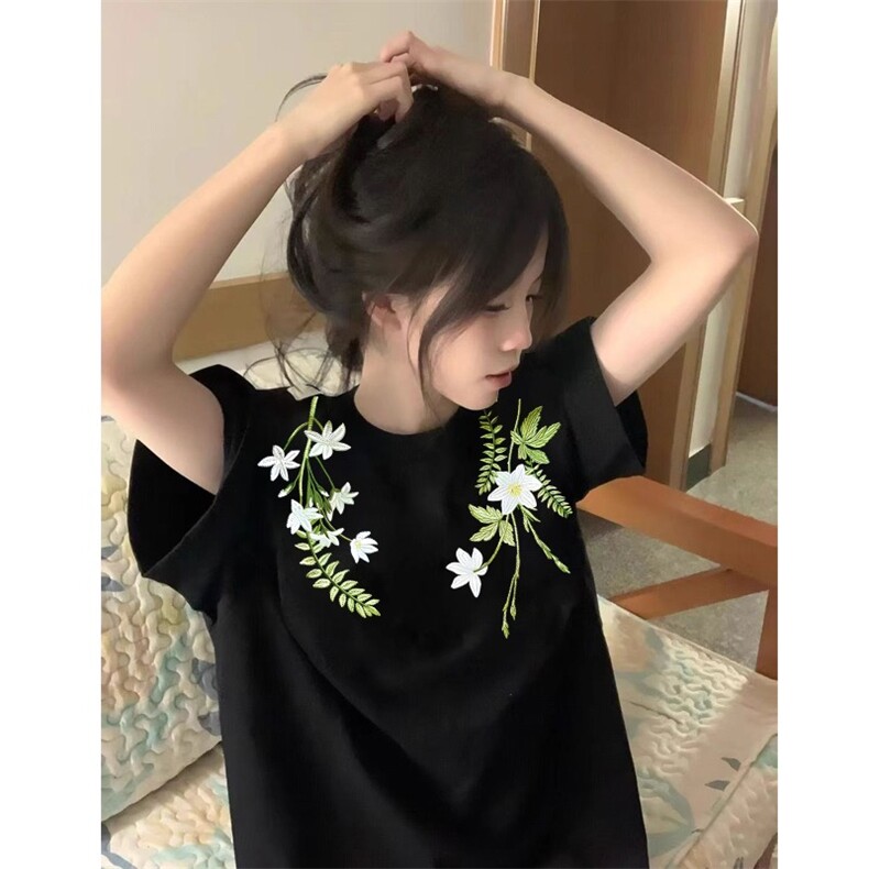 220克纯棉短袖夏季新款复古潮牌花卉刺绣短袖t恤情侣上衣男女图片