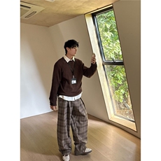 气质原宿慵懒磨毛呢料加厚格纹裤新款百搭ins潮流文艺日系时尚，男装休闲裤，星座506A