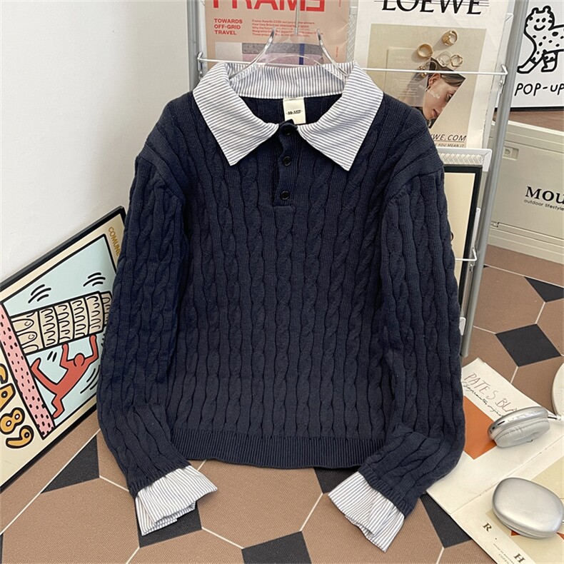 绞花假两件拼接条纹长袖毛衣针织衫老钱风cleanfitMY0407-P60，男装针织衫/毛衣，星座308B-2