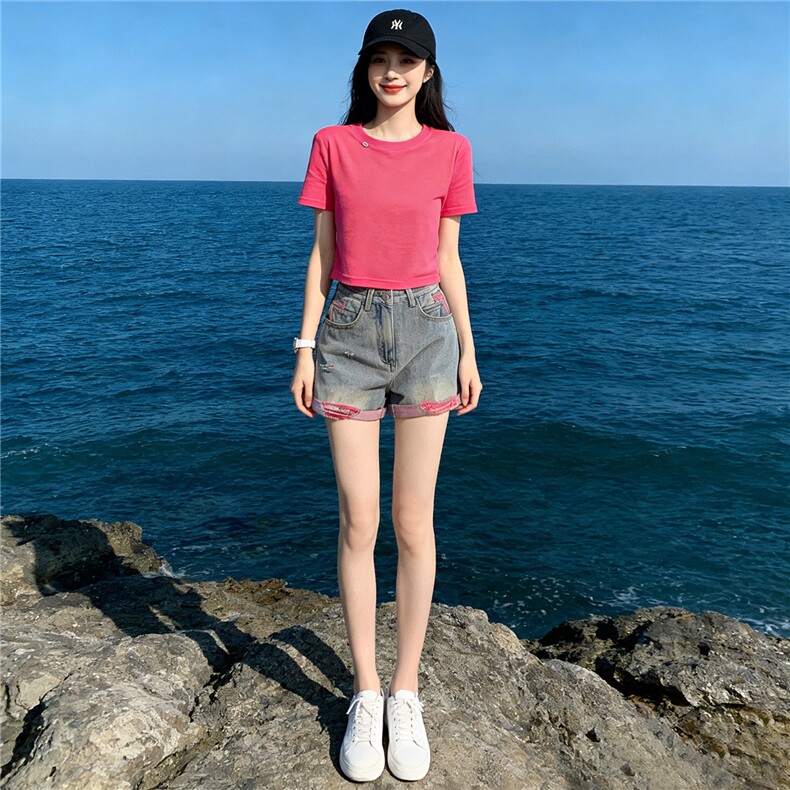 韩版休闲时尚套装女夏新款玫红色圆领短袖上衣破洞牛仔短裤两件套,女装套装/套裙,江南