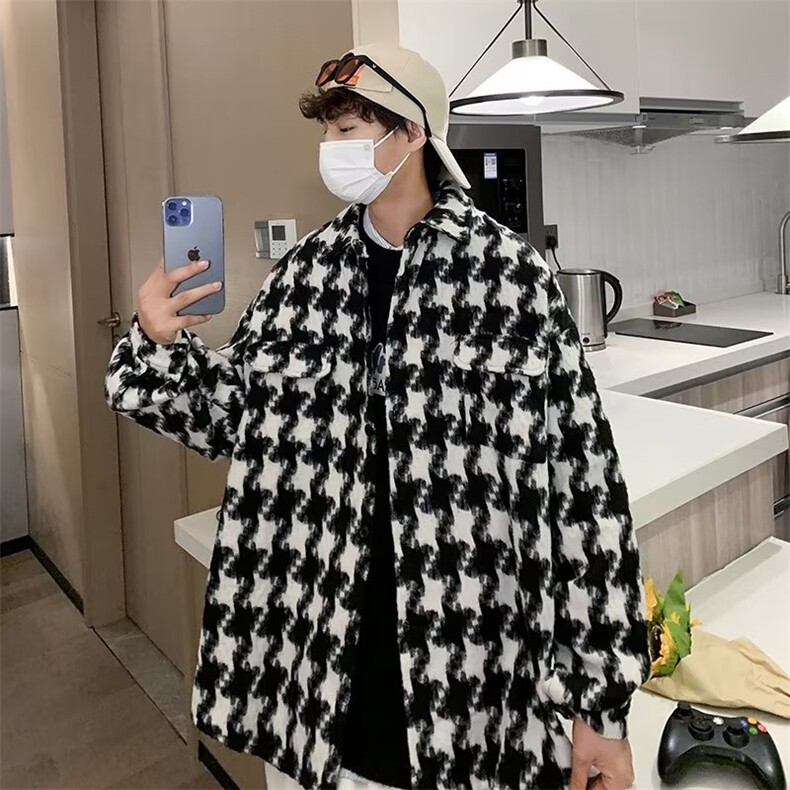 千鸟格呢子大衣男秋冬季港味复古百搭上衣古着毛呢外套潮,女装短外套,星座506A
