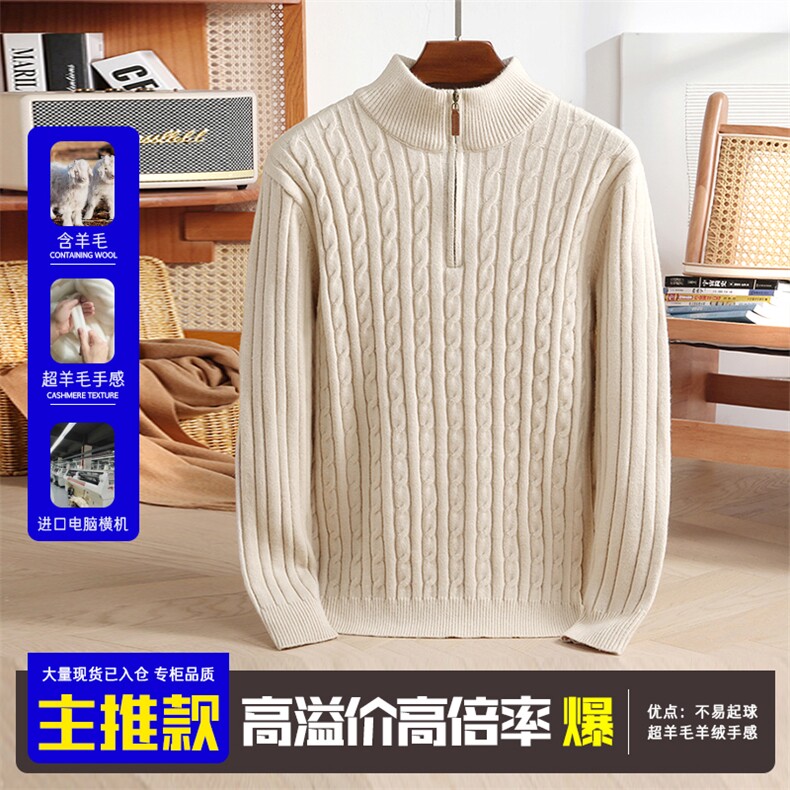 MF46835主推24秋冬新款含羊毛经典半高拉链领绞花毛衣LP同款,男装针织衫/毛衣,钱塘207-1