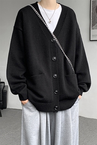 8XL-M大码V领开衫毛衣外套男日系复古宽松慵懒风针织衫KS002p55图片