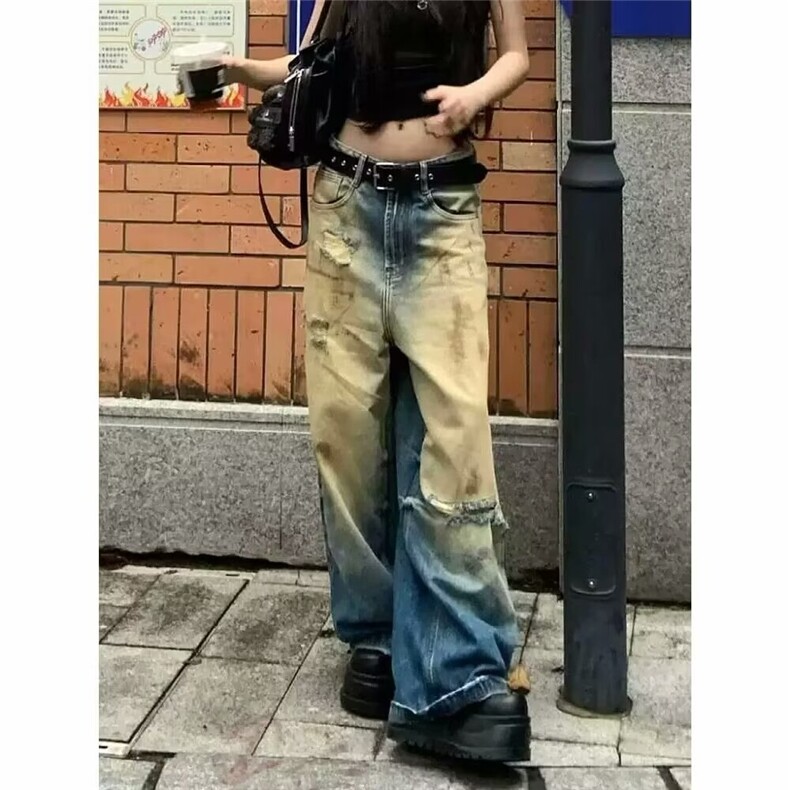 美式复古脏脏破洞牛仔裤女2025春夏新款街头废土风水洗直筒长裤子,男装牛仔裤,星座506A