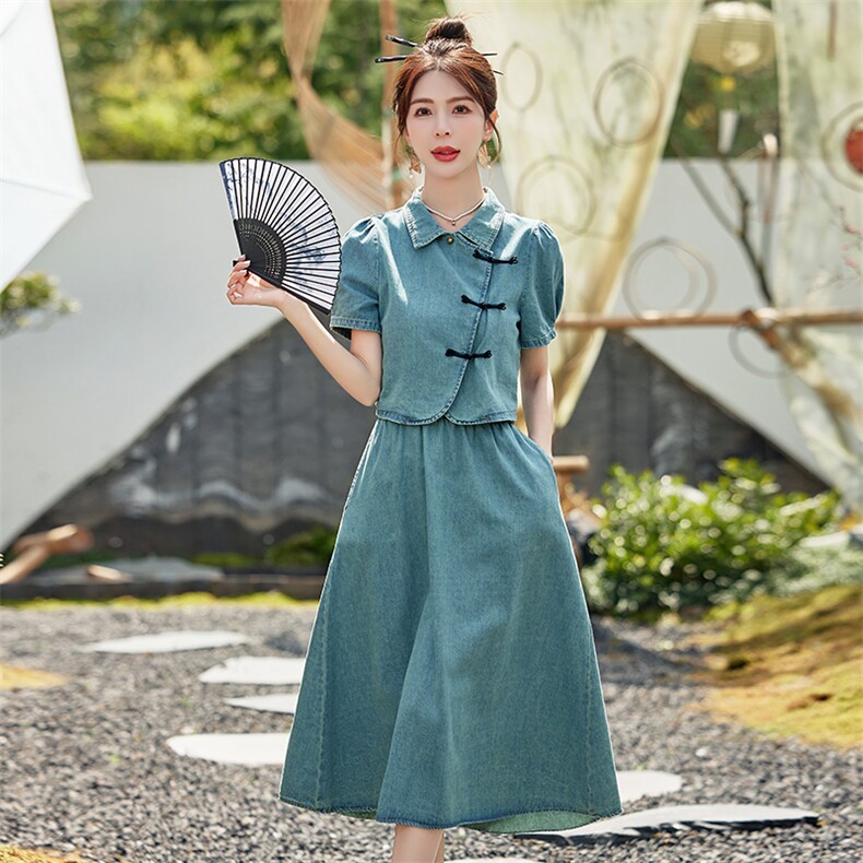 新中式国风牛仔套装女2024夏季新款复古气质盘扣上衣半身裙两件套，女装套装/套裙，依路服饰